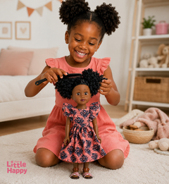 Poupée noire Little Happy en robe d'été en wax, cheveux afro coiffables